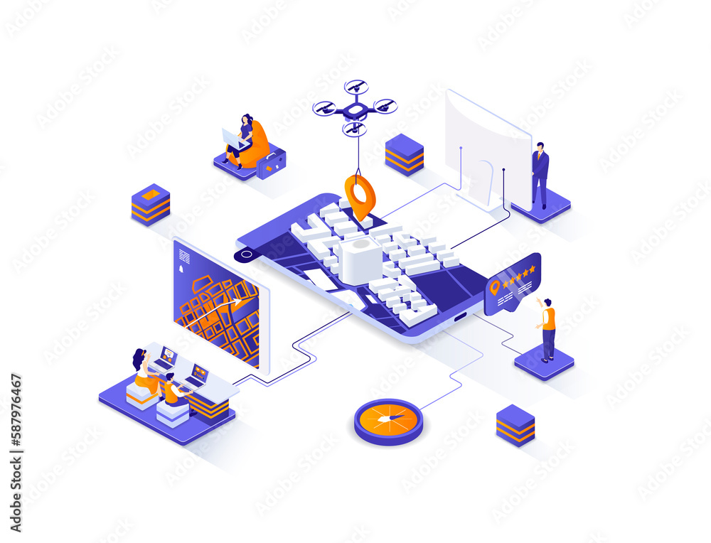 Poster gps navigator isometric web banner. geolocation and navigation system isometry concept. route planni