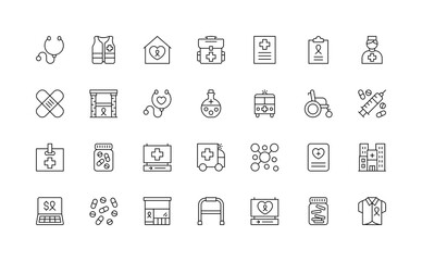 Doctor hospital and medical care. Outline Icons collection.
