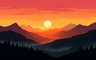 Sunset in mountains. Generative AI technology.