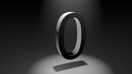3d rendering of a number 0 on black background for presentation