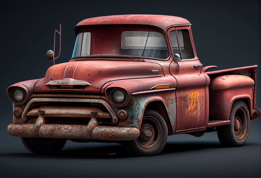 3D Rendering Ofl An Old Rusty Vintage Red Pickup Truck Isolated On Transparent Background. Generative AI