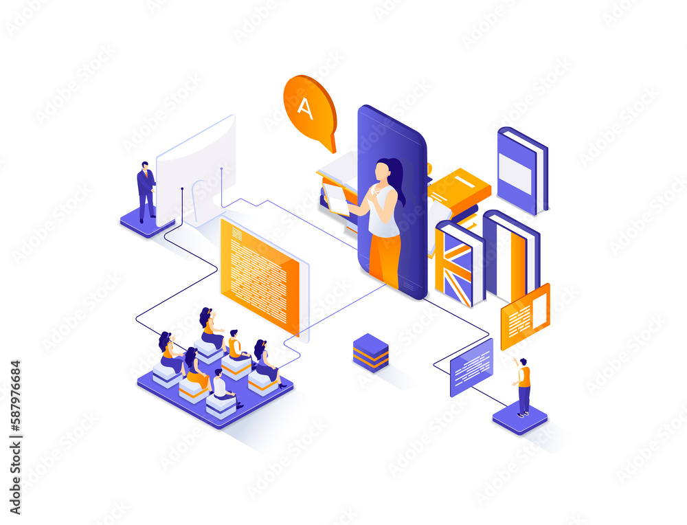 Poster Language courses isometric web banner. Online language tutors, teaching service isometry concept. E-learning platform 3d scene, distance education design. Illustration with people characters.