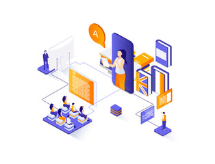 Language courses isometric web banner. Online language tutors, teaching service isometry concept. E-learning platform 3d scene, distance education design. Illustration with people characters.