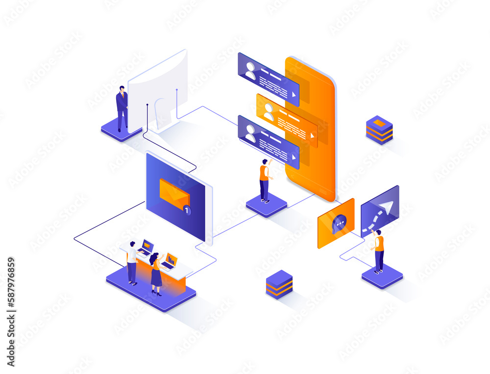 Leinwandbilder messaging service isometric web banner. internet messenger mobile application isometry concept. onli