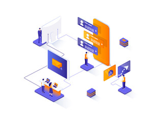 Messaging service isometric web banner. Internet messenger mobile application isometry concept. Online people communication 3d scene, chatting app design. Illustration with people characters.