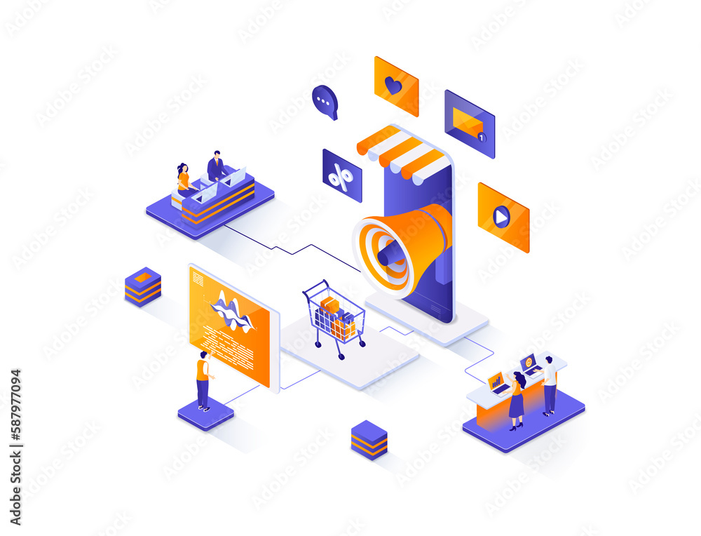 Poster mobile marketing isometric web banner. mobile platform for advertising and promotion isometry concep