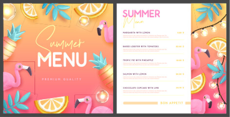 Restaurant summer menu design with 3D plastic palm leaves, pineapple and flamingo. Vector illustration