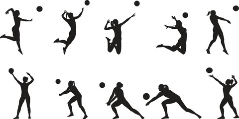 silhouettes of sports  playing volleyball people