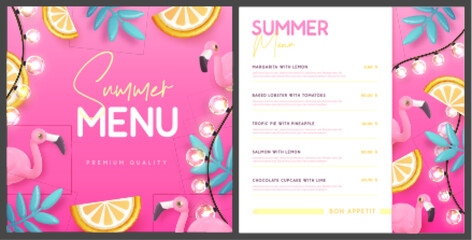 Restaurant summer menu design with 3D plastic palm leaves, tropic fruits and flamingo. Vector illustration