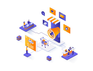 Mobile marketing isometric web banner. Mobile platform for advertising and promotion isometry concept. Online marketing strategy 3d scene, flat design. Illustration with people characters.