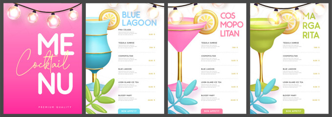 Restaurant summer cocktail menu design with 3D plastic cocktails, tropic fruits and palm leaf. Vector illustration