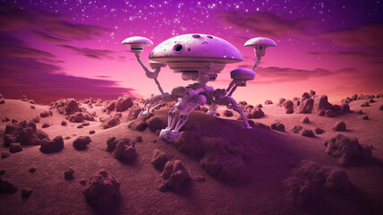 Naklejka premium A robot uses mycelium to construct mushroom habitats for life to thrive. Generative AI. A violet hue.