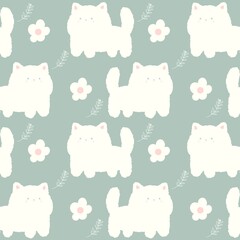 White fluffy kitty cat and flowers pattern on the pastel background