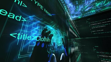 robot hand typing programming code language web template ai animation video futuristic style look