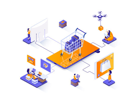 Online shopping isometric web banner. E-commerce platform isometry concept. Web solution for online shopping 3d scene, order and delivery application design. Illustration with people characters.