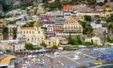 Panoramic aerial view of Positano coastline from a moving drone, Campania - Italy.