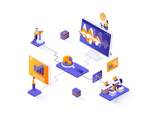 SEO optimization isometric web banner. Internet analytics, online research isometry concept. Website optimization for relevant searches 3d scene design. Illustration with people characters.