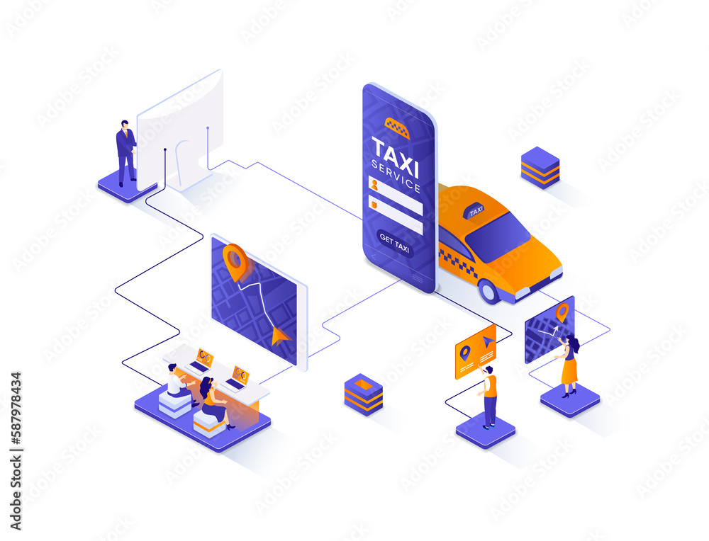 Poster taxi booking isometric web banner. taxi service mobile application isometry concept. online booking 