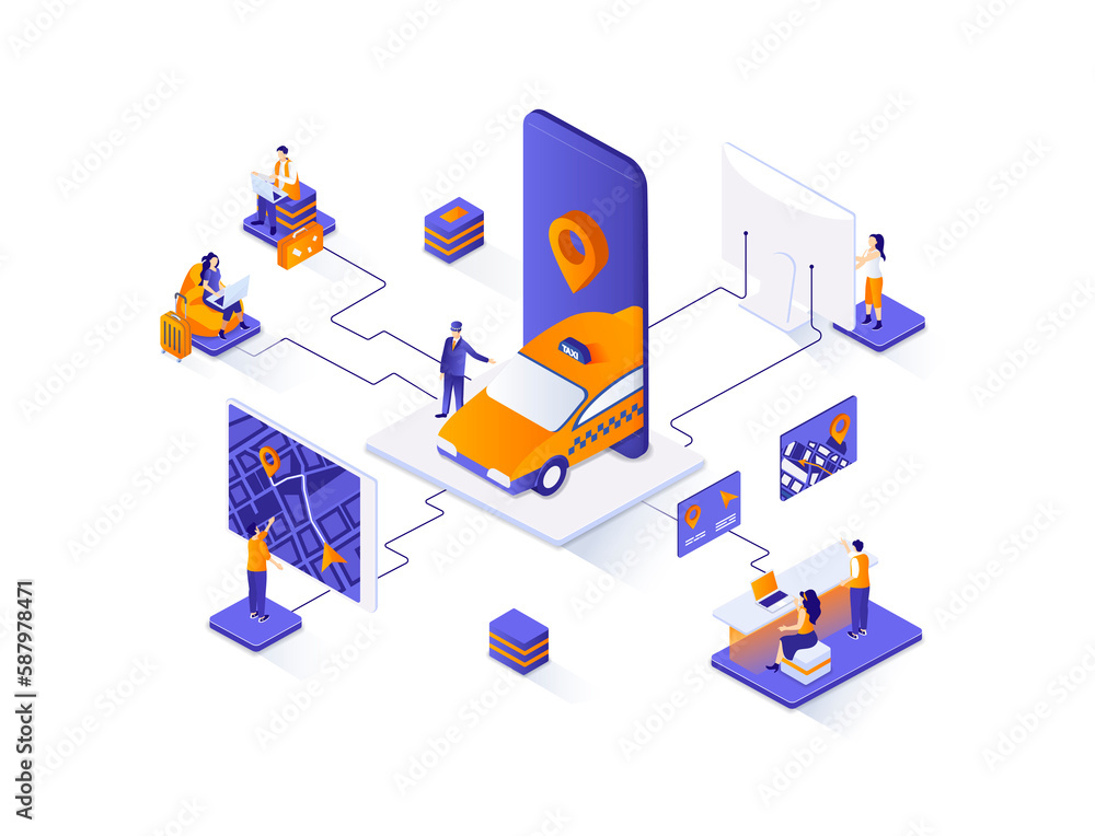 Aufkleber Taxi service isometric web banner. Web application for online taxi order isometry concept. Booking service 3d scene, passenger transportation flat design. Illustration with people characters.