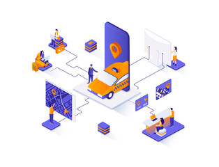 Obraz premium Taxi service isometric web banner. Web application for online taxi order isometry concept. Booking service 3d scene, passenger transportation flat design. Illustration with people characters.