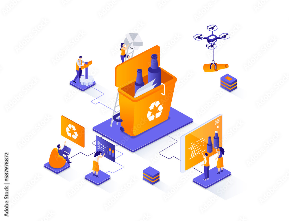 Leinwandbilder Waste management isometric web banner. Control and management of garbage utilization isometry concept. Waste collection, sorting and recycling 3d scene. Illustration with people characters.