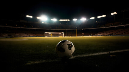 Soccer game with the ball in the middle of the image and the goal behind giving it a dramatic and epic touch of suspense. - obrazy, fototapety, plakaty