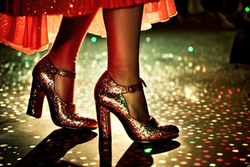 woman legs in shiny shoes dancing on the floor of a nightclub, in colorful trendy bright clothes in 70s style. Ilustration, Generative AI