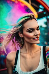 beautiful blonde girl in urban clothes in amusement park, with the multicolored lights of the games in the background. Illustration, Generative AI