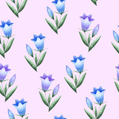 Lots of blue and purple violet bluebell flowers as seamless endless summer  pattern as design element on lilac baclground