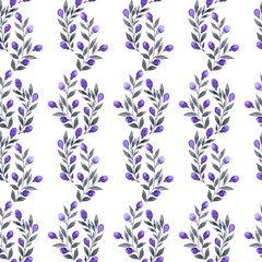 Hand drawn seamless endless watercolor floral pattern with small twigs with violet purple buds and burgeons on white background.Aquarelle backdrop as design element for printing