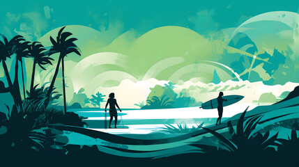 Fototapeta na wymiar surfers enjoying the ocean with vibrant shades of blue and green generative art