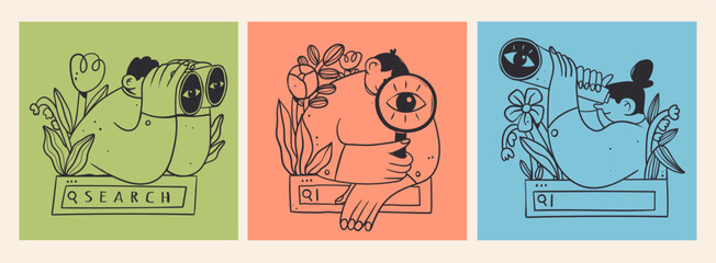 Set of people with binoculars, magnifying glass on search bar with flowers. Searching, finding, web surfing, looking for oportunities concept. Hand drawn Vector illustration. Isolated design elements