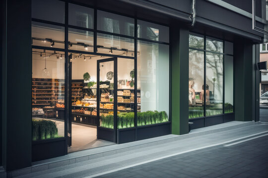 Contemporary grocery store exterior with a large window display showcasing fresh produce, inviting customers to explore the clean, modern interior. Generative AI