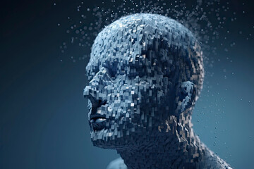 3D dissolving human head made with cube shaped particles