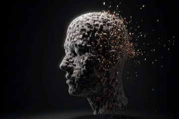 3D dissolving human head made with cube shaped particles