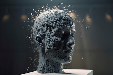 3D dissolving human head made with cube shaped particles