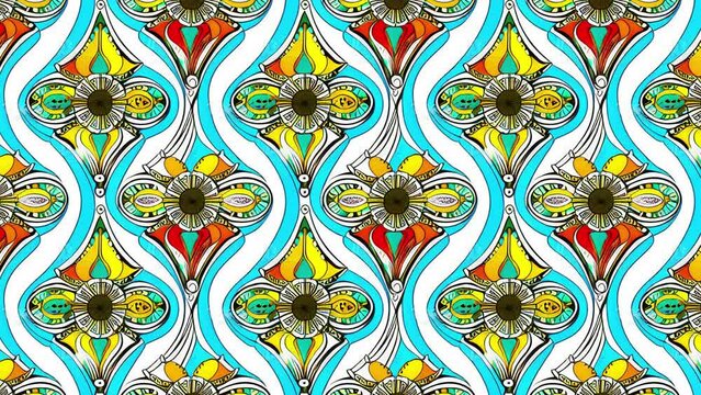 An abstract art nouveau scrolling floral pattern motion graphic background. Repeating pattern created using ai generations.