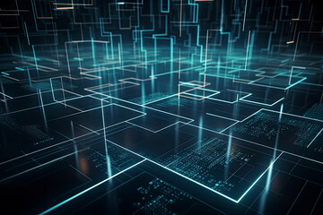 Fototapeta na wymiar Computer geometric digital connection structure. Business inteligence technology background. Binary code algorithms deep learning. Abstract 3D rendering. Artificial intelligence