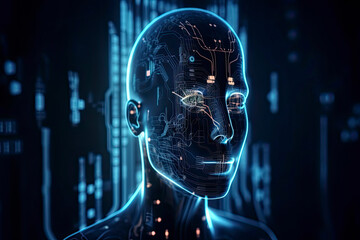 Fototapeta premium double exposure image of virtual human 3dillustration on blue circuit board background represent artificial intelligence AI technology