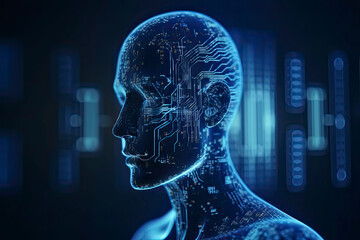 Obraz premium double exposure image of virtual human 3dillustration on blue circuit board background represent artificial intelligence AI technology
