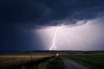 Naklejka na ściany i meble dramatic lightning thundertbolt bolt strike in daylight rural surrounding bad weather dark sky