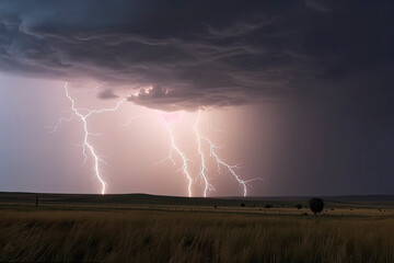 dramatic lightning thundertbolt bolt strike in daylight rural surrounding bad weather dark sky