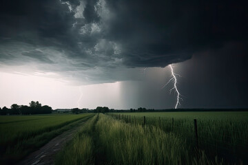 Obraz na płótnie Canvas dramatic lightning thundertbolt bolt strike in daylight rural surrounding bad weather dark sky