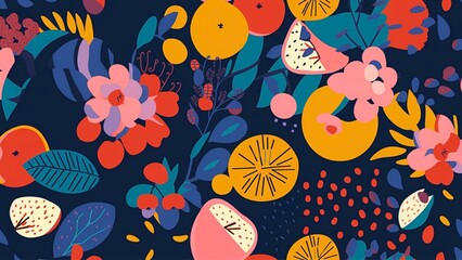 Seamless pattern, fruits plants, and flowers , generative aI