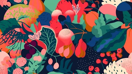 Seamless pattern, fruits plants, and flowers , generative aI
