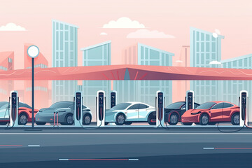 Electric car charging on empty parking lot area with fast supercharger station and many free charger stalls. Vehicle on electricity network grid. Isolated flat vector illustration