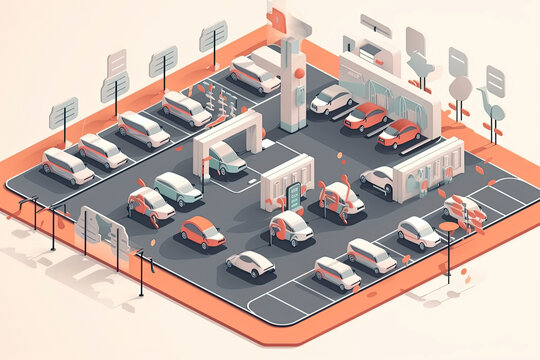 Electric car charging on empty parking lot area with fast supercharger station and many free charger stalls. Vehicle on electricity network grid. Isolated flat vector illustration