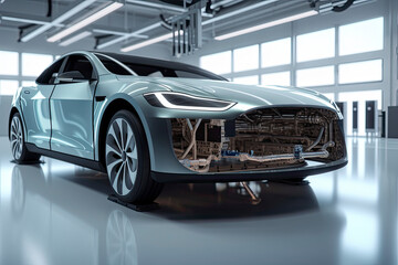 Electric car research and development with 3d rendering ev car with pack of battery cells module on platform
