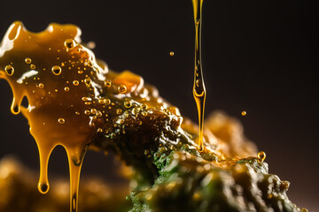 flowing golden drops cannabis wax extract, thc live resin Generative AI - obrazy, fototapety, plakaty