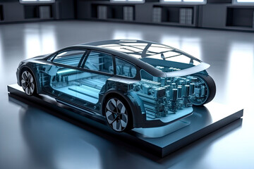 Obraz premium Electric car research and development with 3d rendering ev car with pack of battery cells module on platform